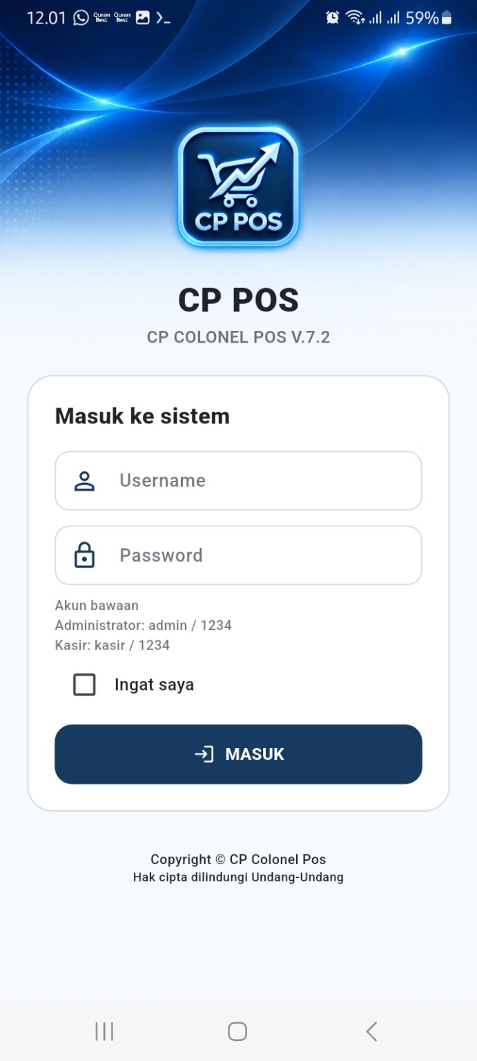 Layar login CP POS